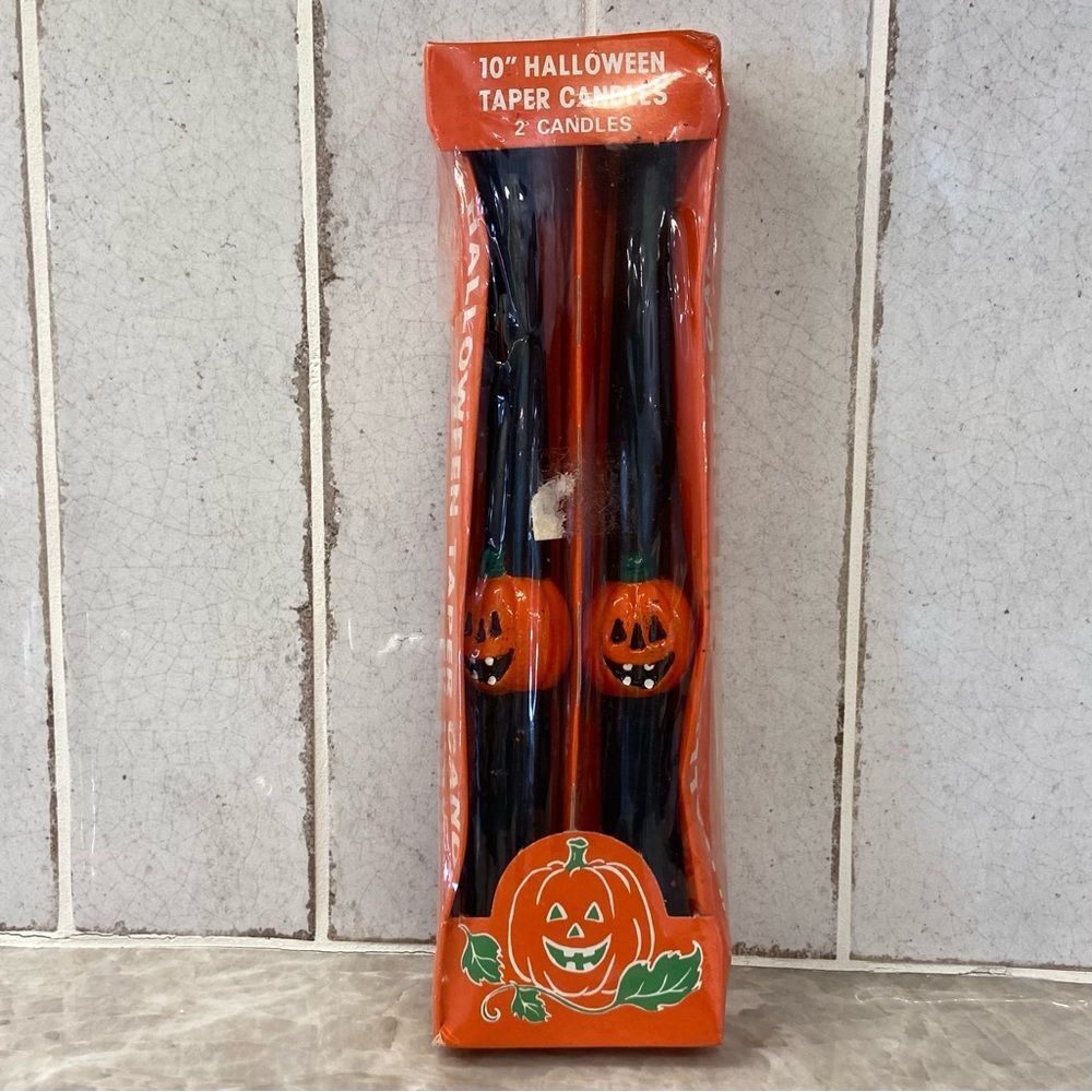 Vintage set of 2 Halloween Pumpkin Black Taper Candles 10” NIB